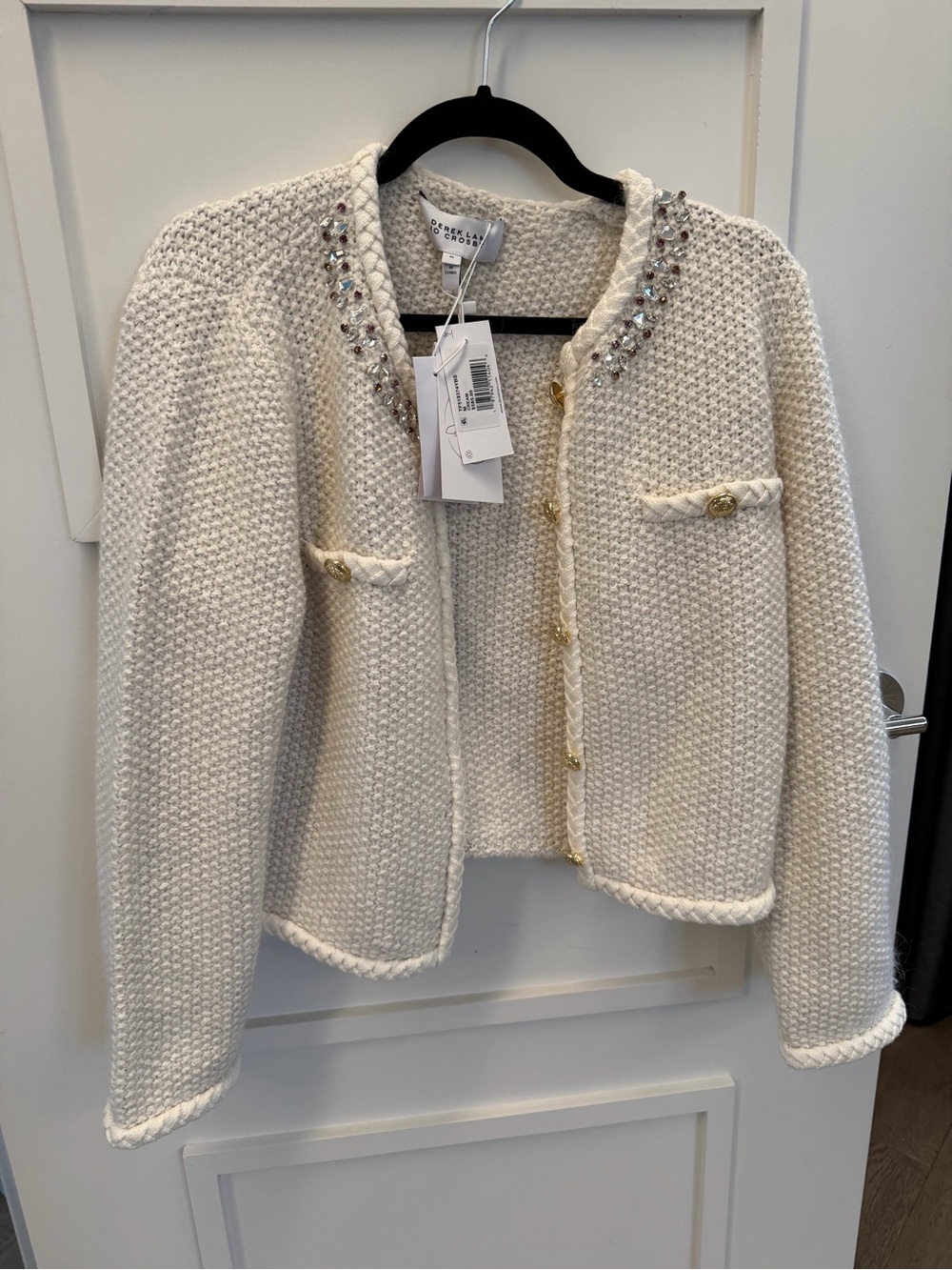 Derek Lam Ivory Tweed Cropped Jewel-Embellished Cardigan